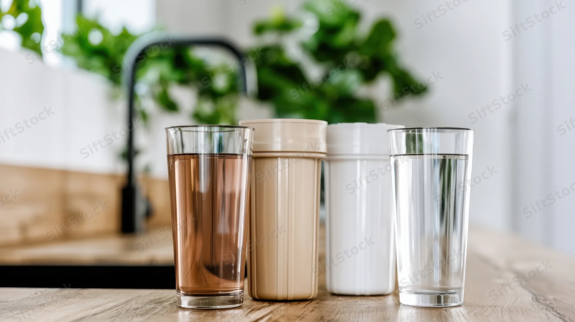 Four drinking glasses and reusable cups arranged on a wooden kitchen countertop near a sink with green plants in the background