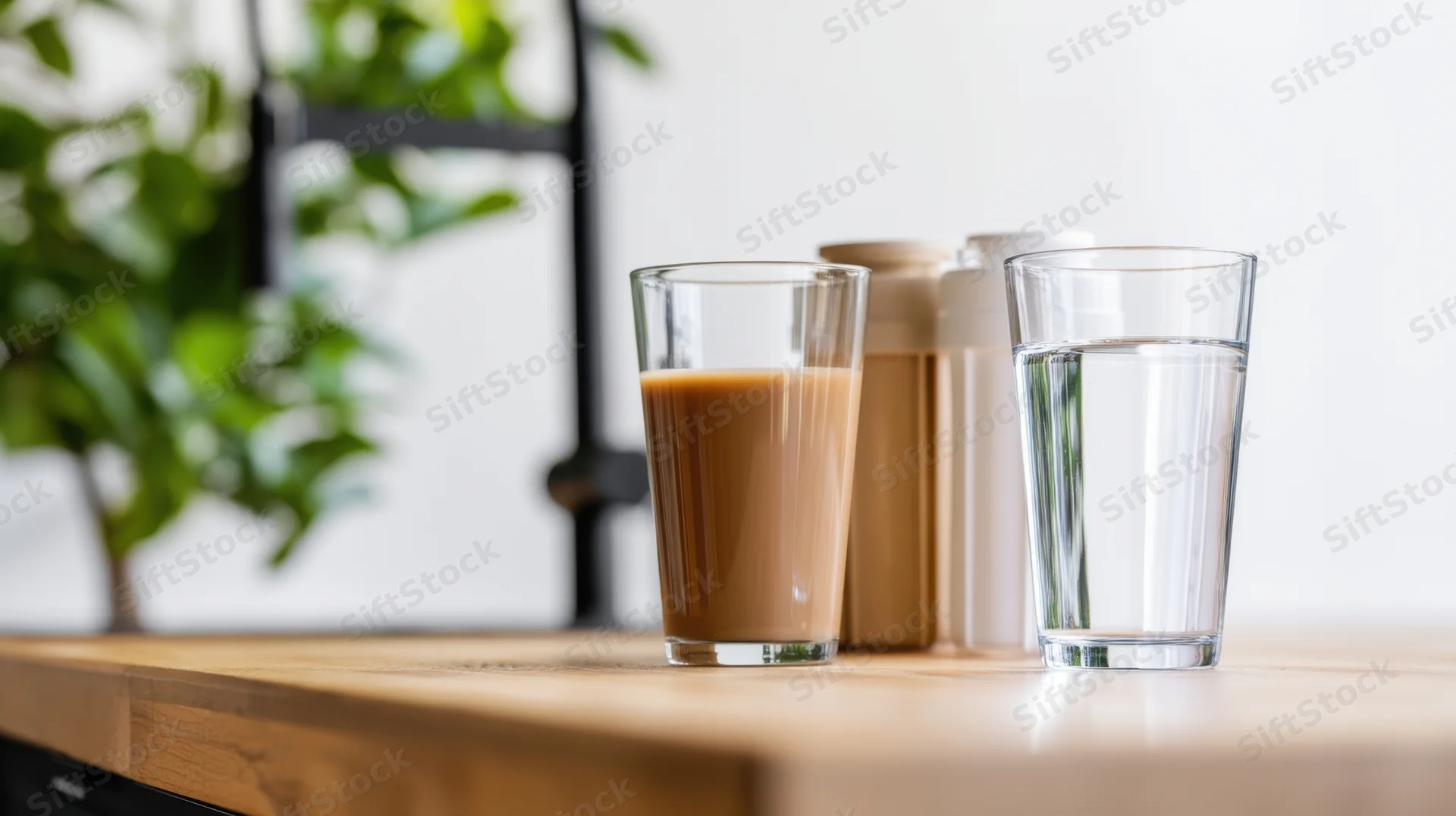 Coffee and water in glasses on a wooden kitchen countertop with a green plant in the background