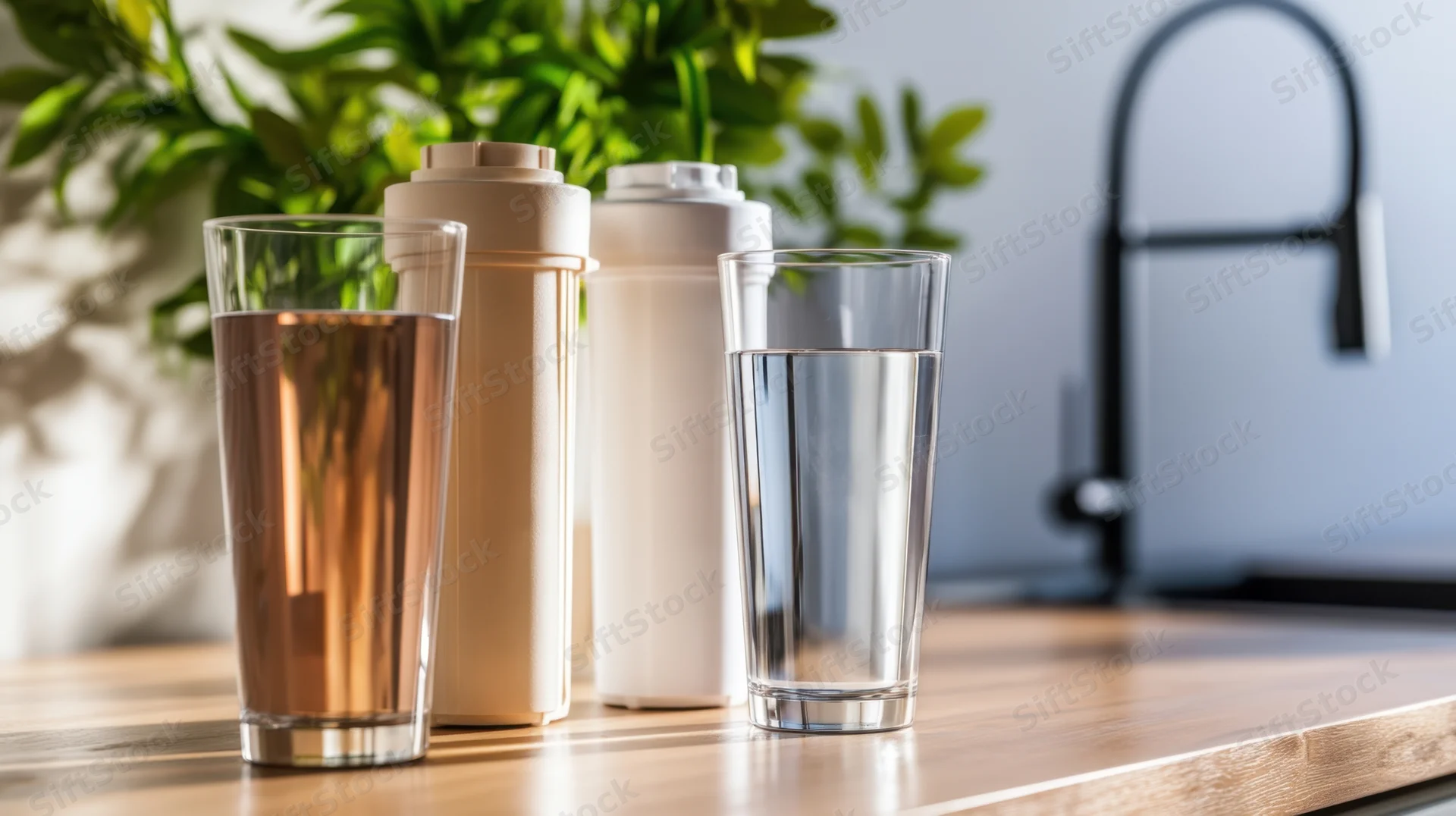 Two glasses of water and two reusable bottles on a wooden kitchen countertop near a sink and green plant