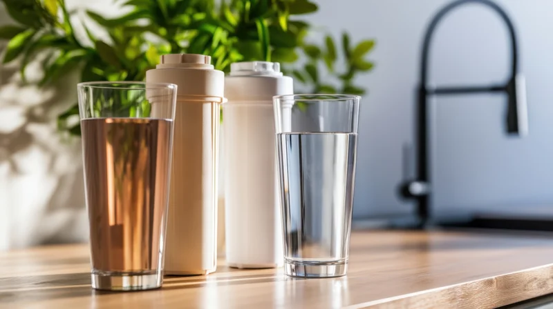 Two glasses of water and two reusable bottles on a wooden kitchen countertop near a sink and green plant