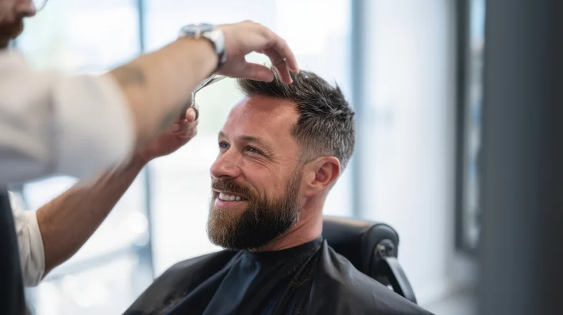 Man receiving haircut from barber in salon chair, smiling with beard and hair cape on