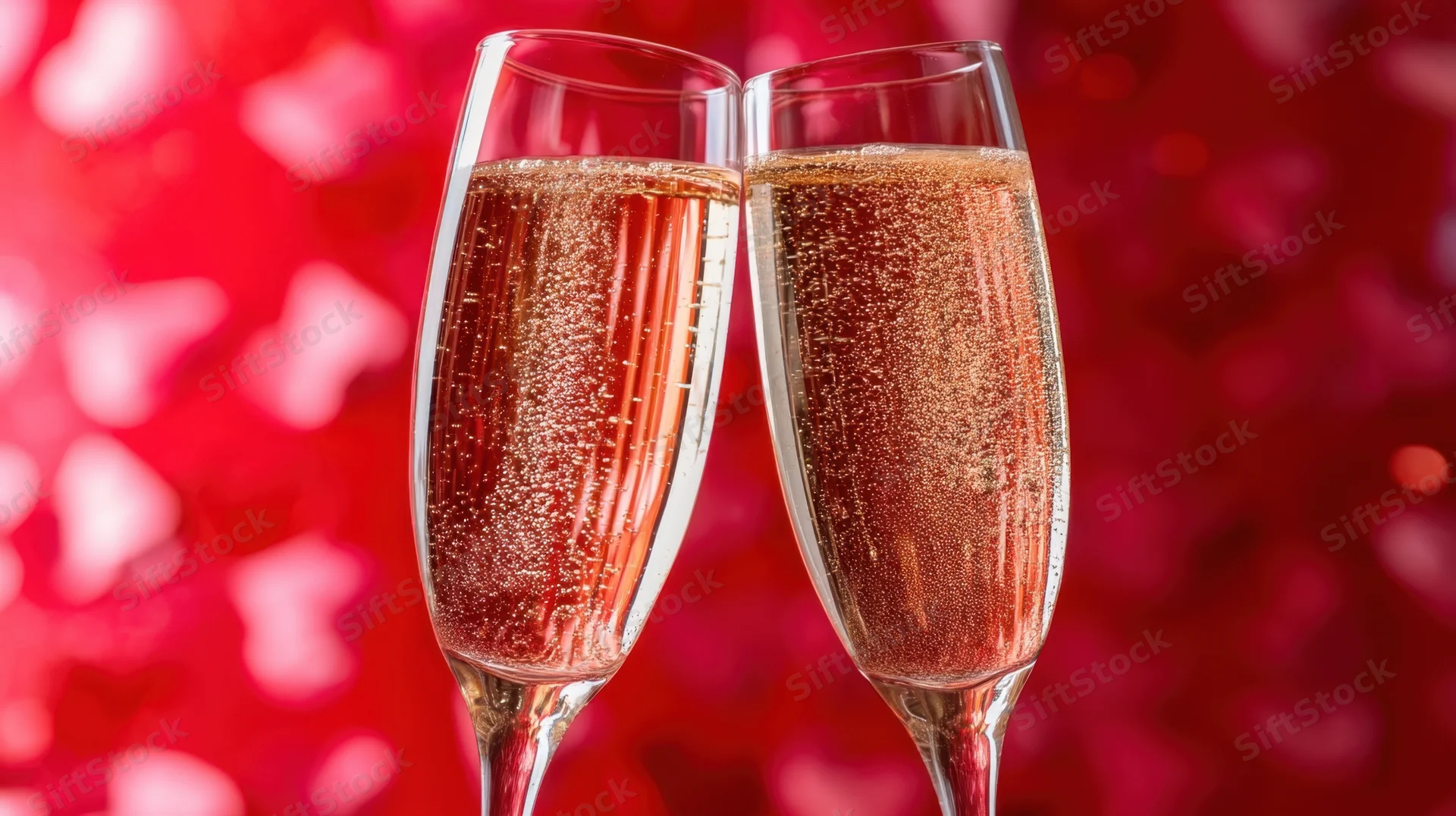 Two champagne glasses toasting against a red heart-shaped bokeh background