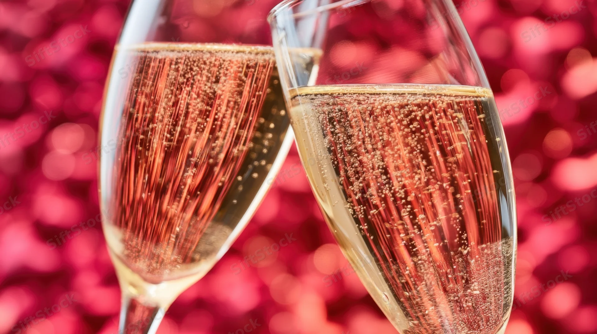 Two champagne glasses toasting against a glittering red bokeh background