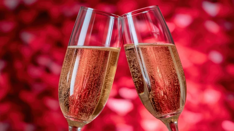Two champagne glasses clinking together against a red heart-shaped bokeh background