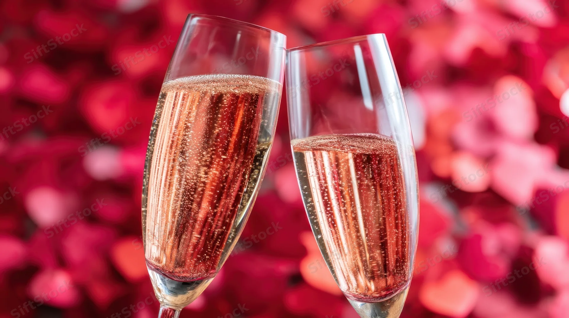 Two champagne glasses toasting with rose sparkling wine against a blurred background of pink and red heart-shaped petals