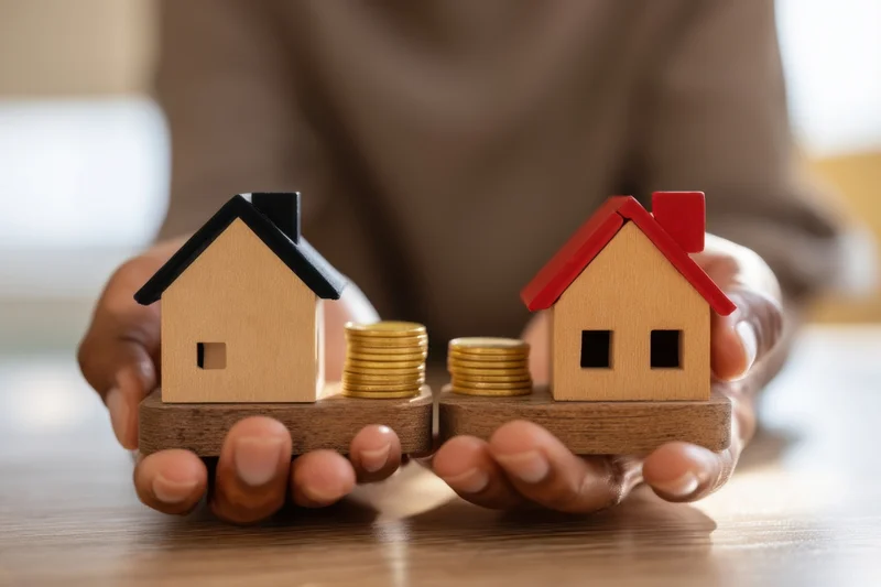 Woman holding two wooden house models with stacks of coins on a table