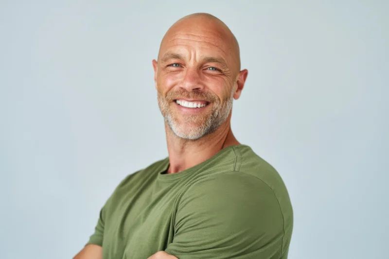 Bald man smiling with arms crossed in green t-shirt against light gray background