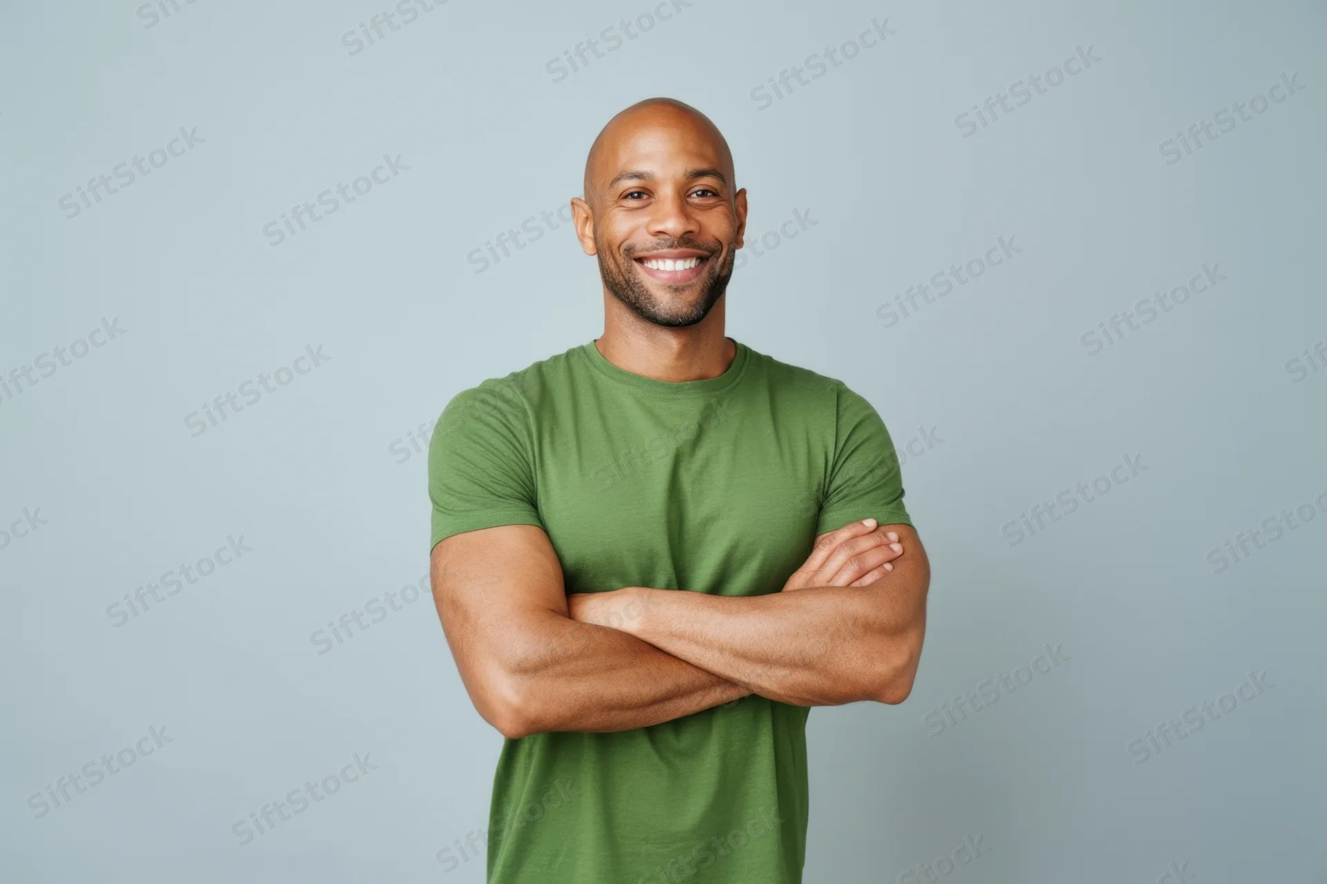 Bald man smiling with arms crossed in green t-shirt against gray background