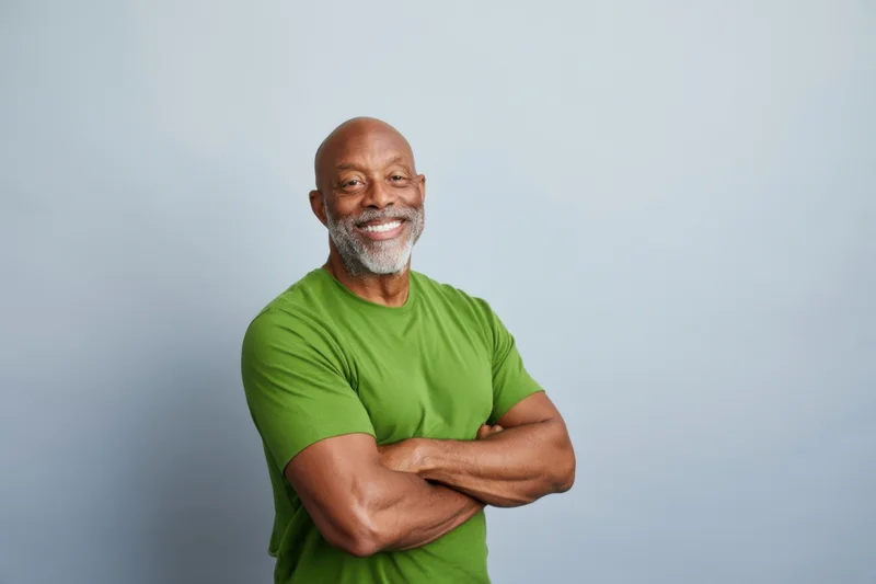 Bald man in green t-shirt smiling with arms crossed against gray background