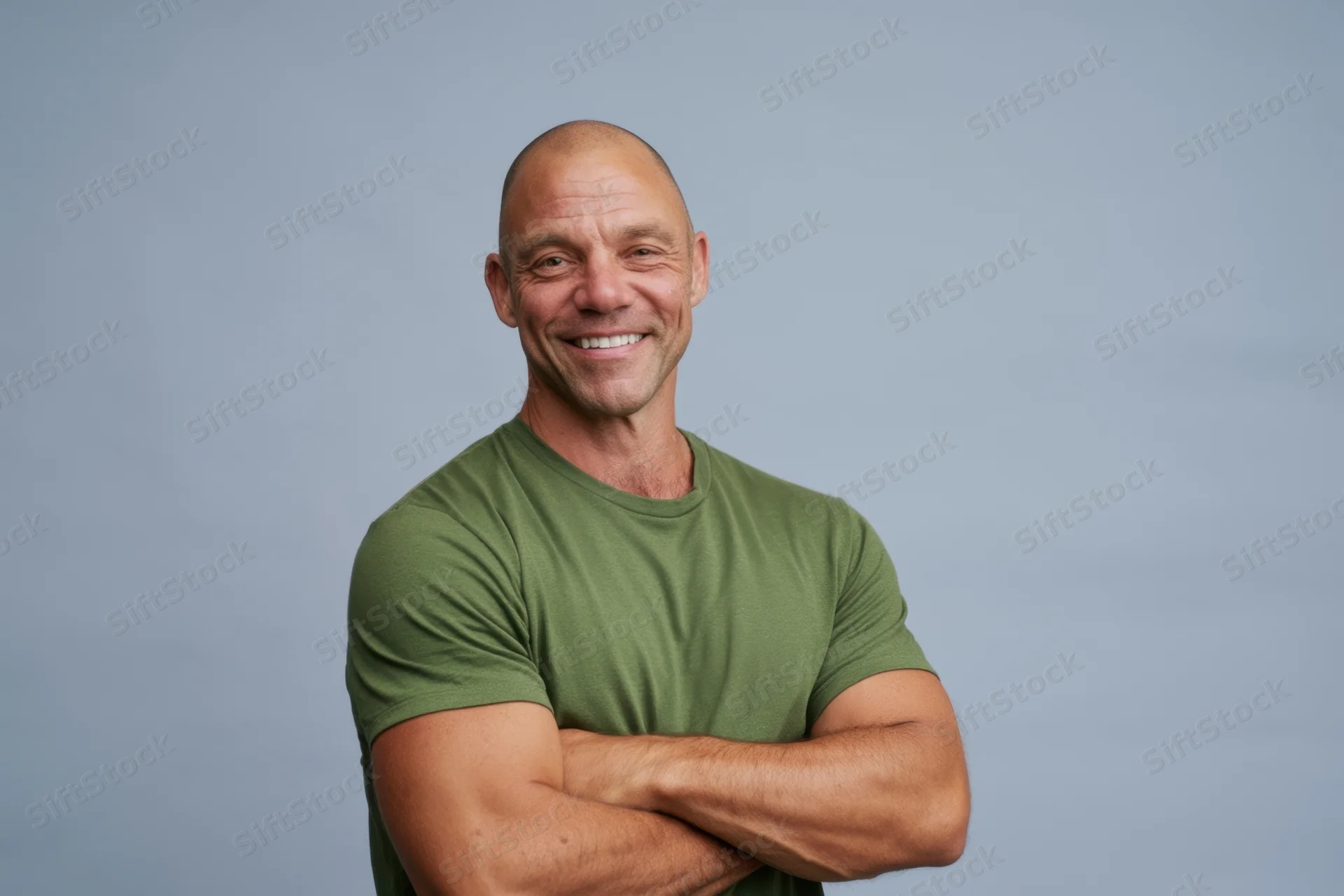 Bald man smiling with arms crossed in green t-shirt against gray background