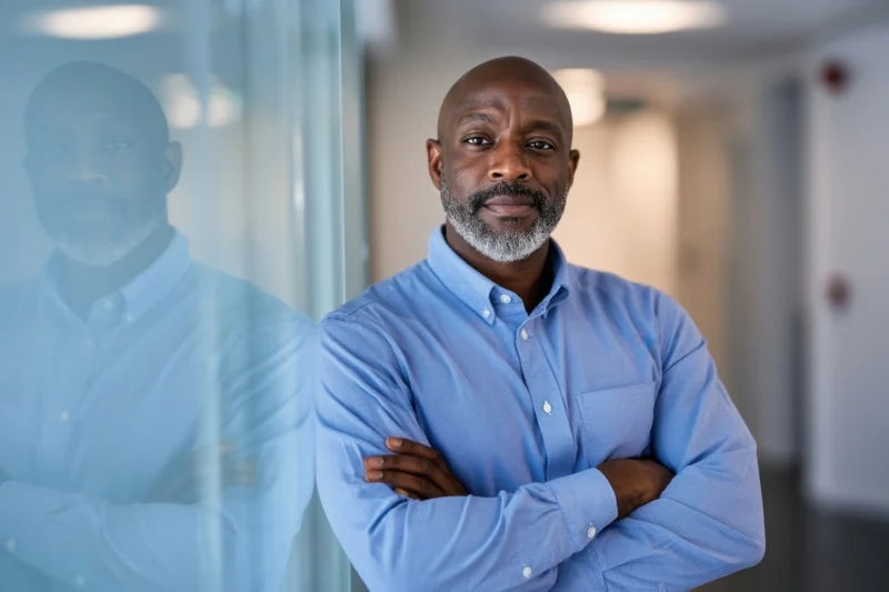 Bald man with gray beard in blue button-down shirt standing with arms crossed in office hallway, reflection visible on glass wall