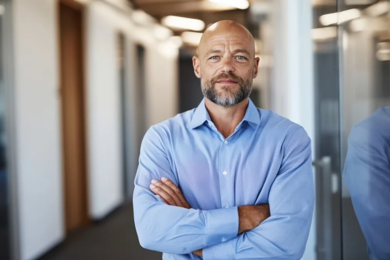 Bald man with trimmed beard in blue button-down shirt standing with arms crossed in office hallway