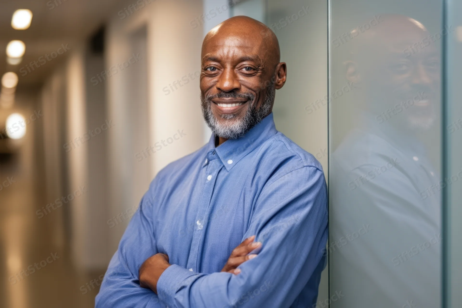 Bald man with trimmed beard in blue button-down shirt smiling with arms crossed in office hallway