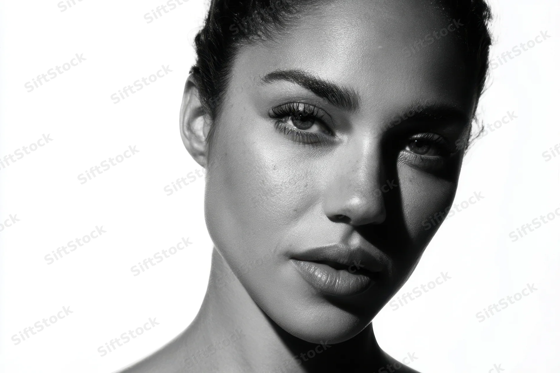Close-up portrait of a woman with defined features and dramatic lighting against a white background