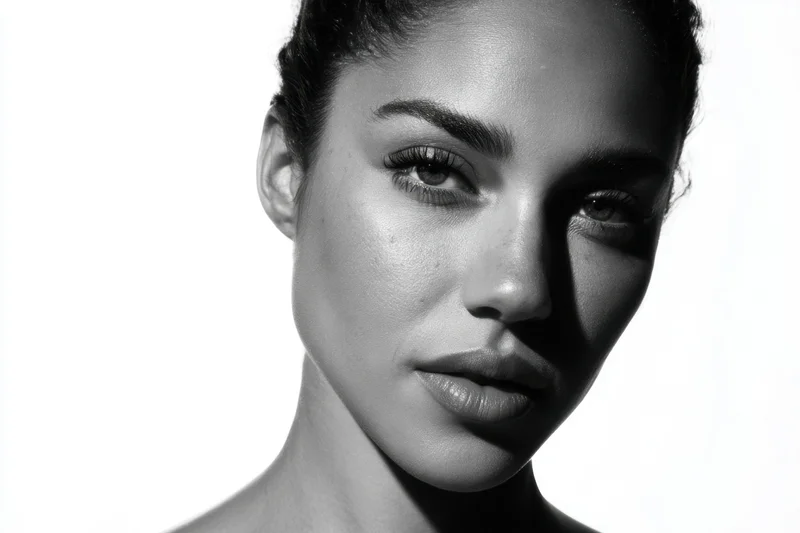 Close-up portrait of a woman with defined features and dramatic lighting against a white background