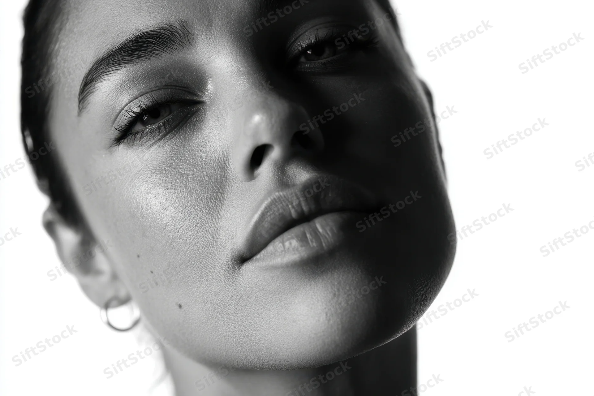 Close-up portrait of a woman with defined features and soft lighting against white background