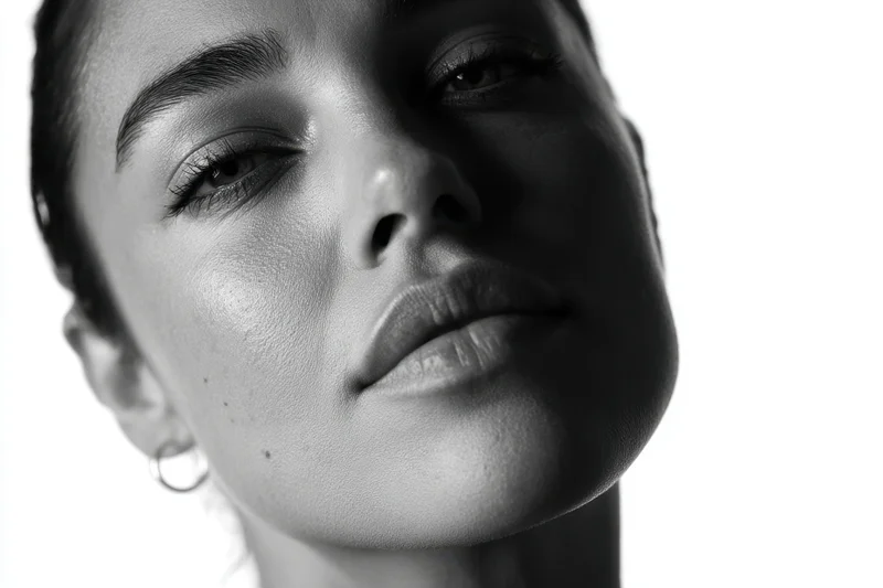 Close-up portrait of a woman with defined features and soft lighting against white background