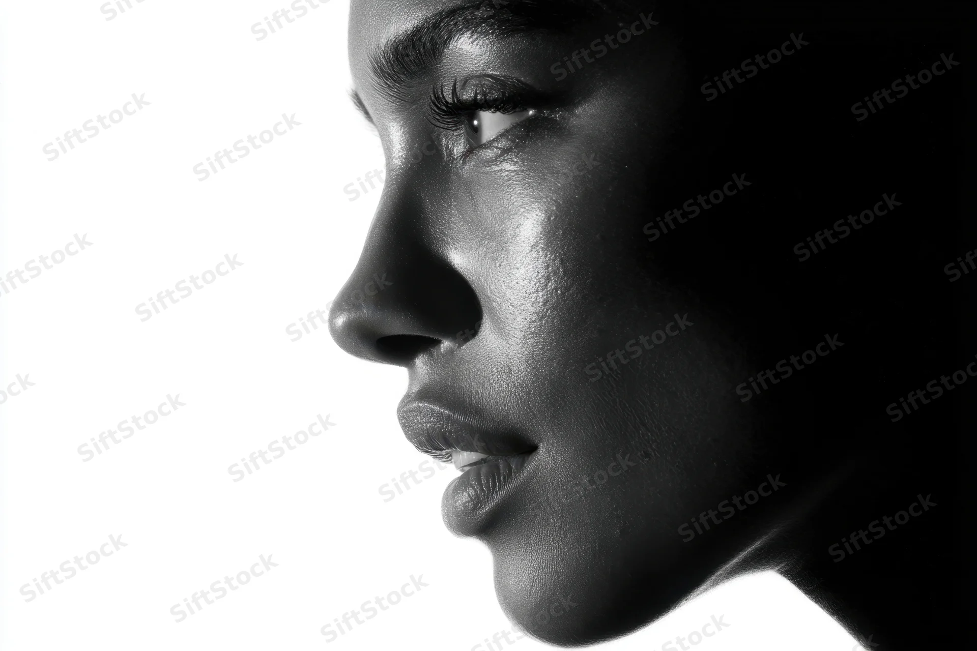 Close-up profile of a woman with smooth skin and defined features against a white background