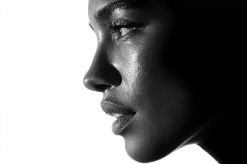 Close-up profile of a woman with smooth skin and defined features against a white background