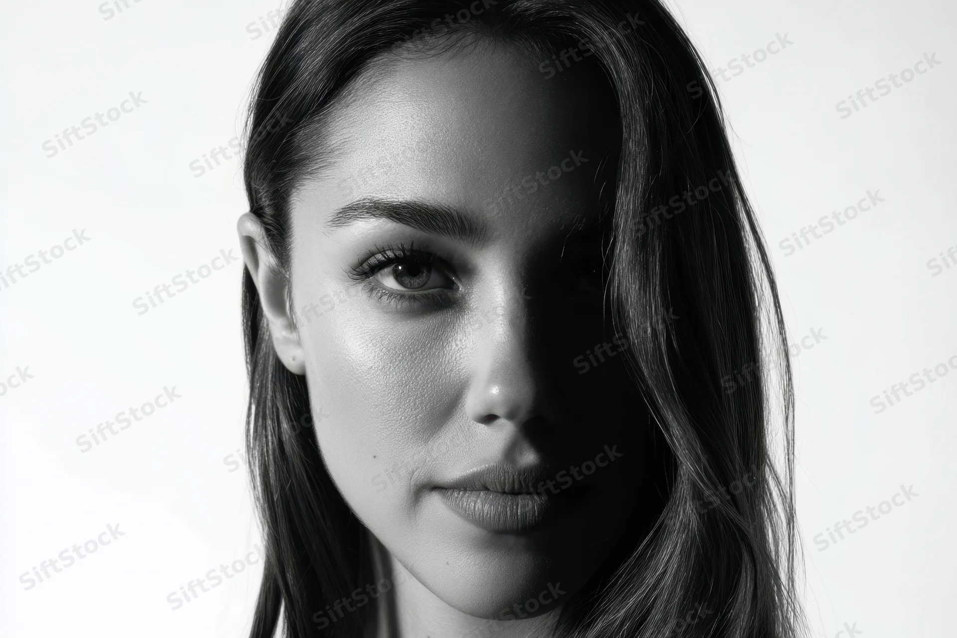 Close-up portrait of a woman with soft lighting and dramatic shadows against a white background