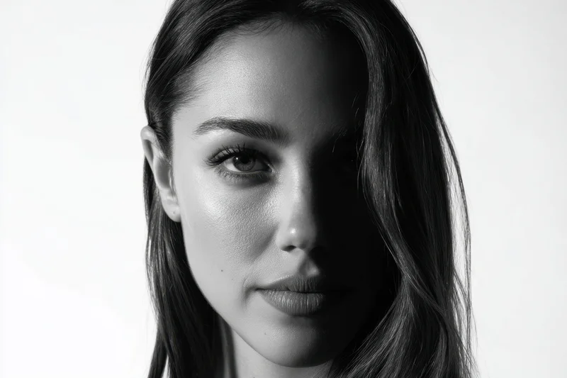 Close-up portrait of a woman with soft lighting and dramatic shadows against a white background