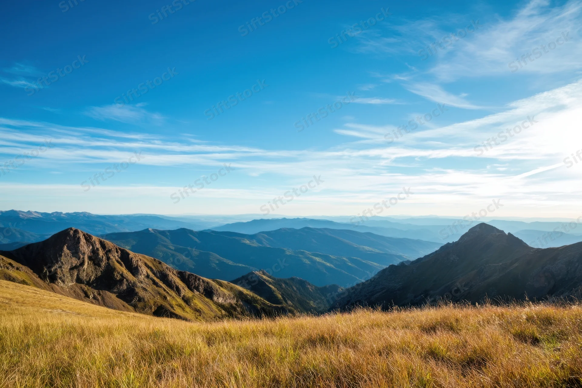 Panoramic mountain vista at sunrise with golden grass in foreground and layered peaks under clear blue sky