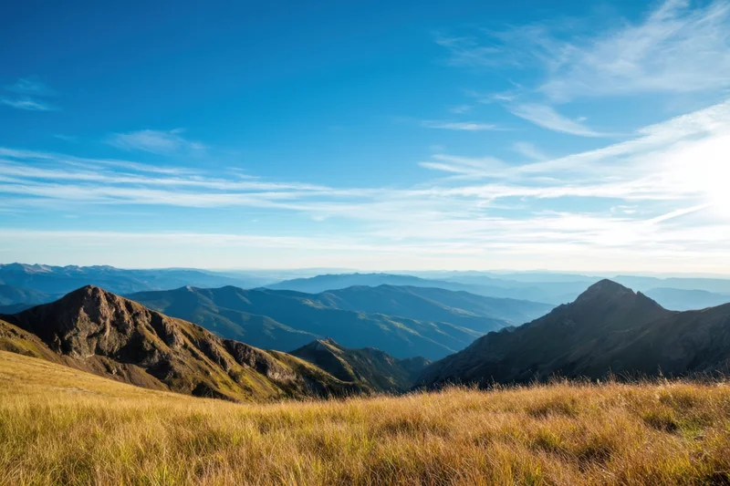 Panoramic mountain vista at sunrise with golden grass in foreground and layered peaks under clear blue sky
