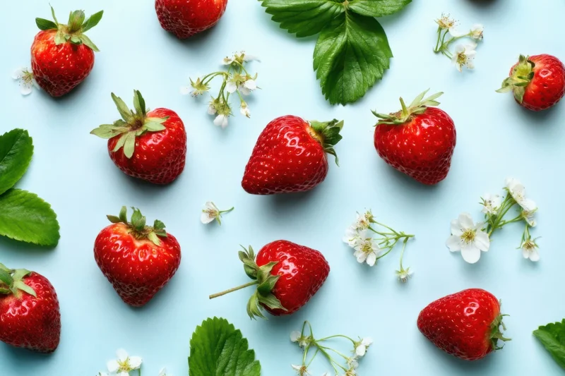 Ripe strawberries with green leaves and white blossoms scattered on a light blue surface