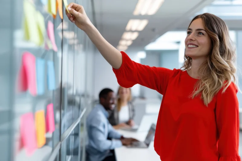 Woman in red top placing sticky note on glass wall in modern office with colleagues working at desks in background