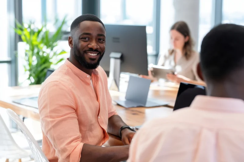 Smiling man in peach shirt sitting at wooden desk in modern office with coworkers using laptops and tablet