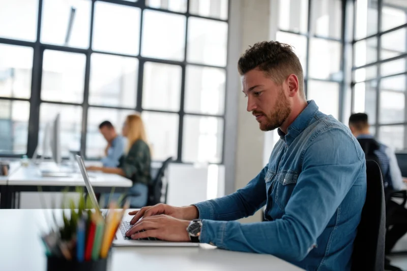 Man working on laptop at desk in modern open-plan office with colleagues in background