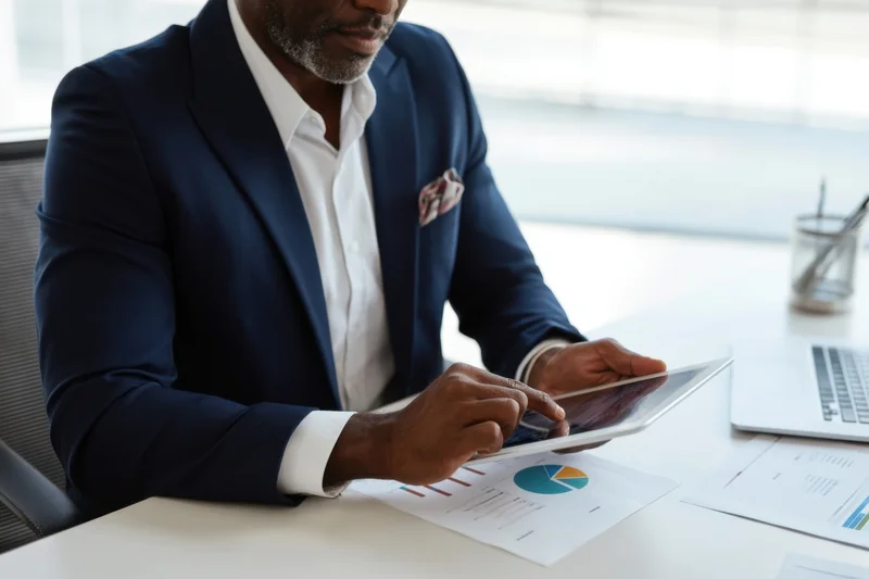 Businessman using tablet at office desk with documents and laptop