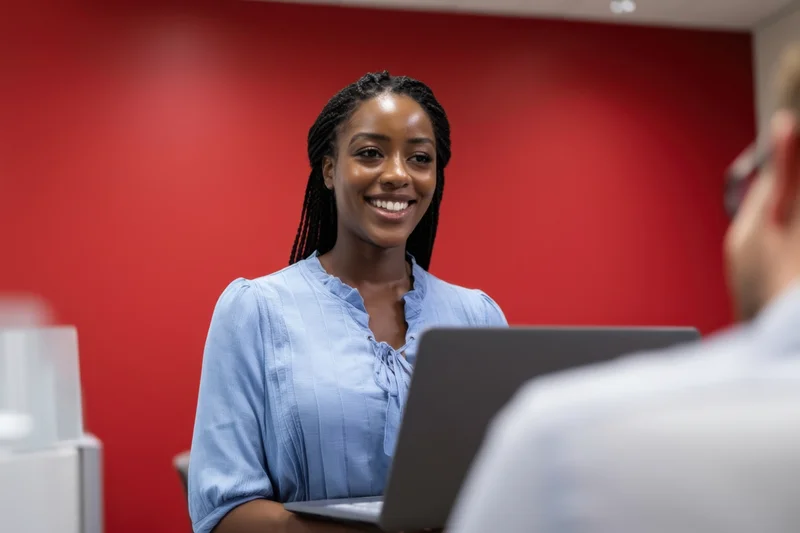 Black woman smiling during office meeting with laptop in front of red wall