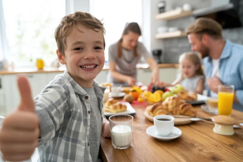 Young boy giving thumbs up at kitchen breakfast table with family in background