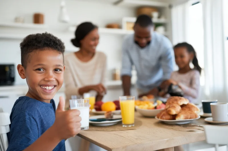 Young boy giving thumbs up while family enjoys breakfast together at kitchen table