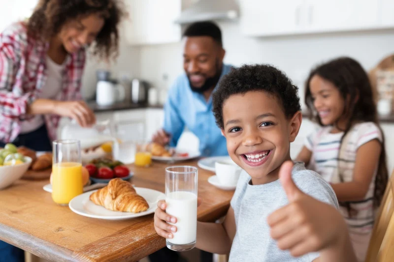 Smiling child giving thumbs up while holding milk glass at breakfast table with family in kitchen