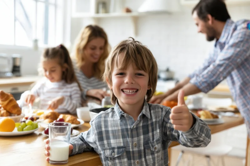 Smiling boy giving thumbs up while holding glass of milk at kitchen breakfast table with family in background