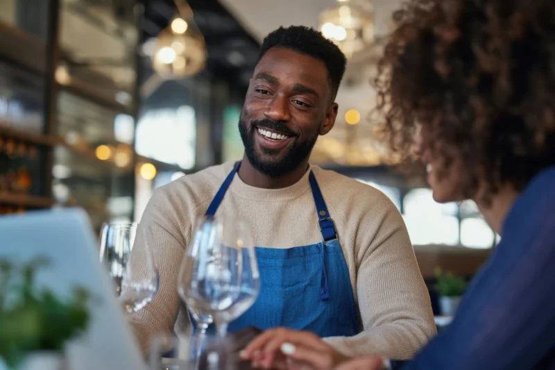 Smiling man in blue apron and beige sweater conversing with customer at cafe table
