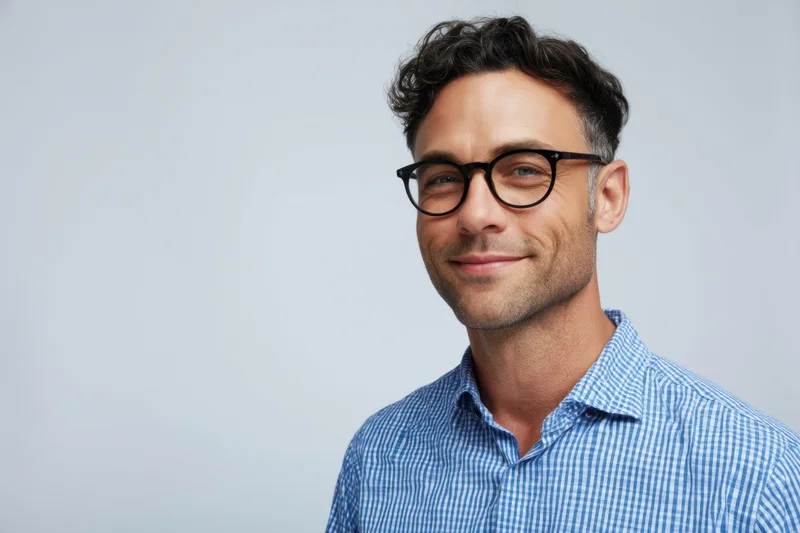 Smiling man with black-rimmed glasses and blue checkered shirt in studio portrait
