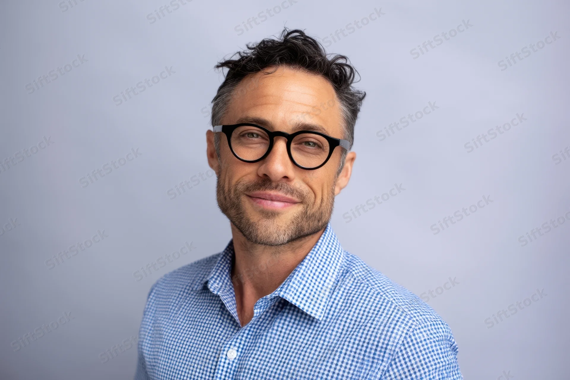Smiling man with black-rimmed glasses and blue checkered shirt in studio portrait