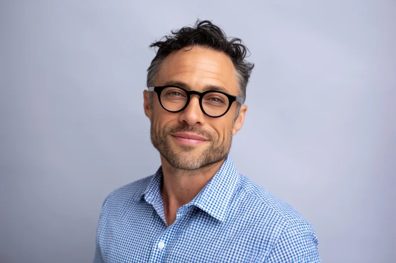 Smiling man with black-rimmed glasses and blue checkered shirt in studio portrait