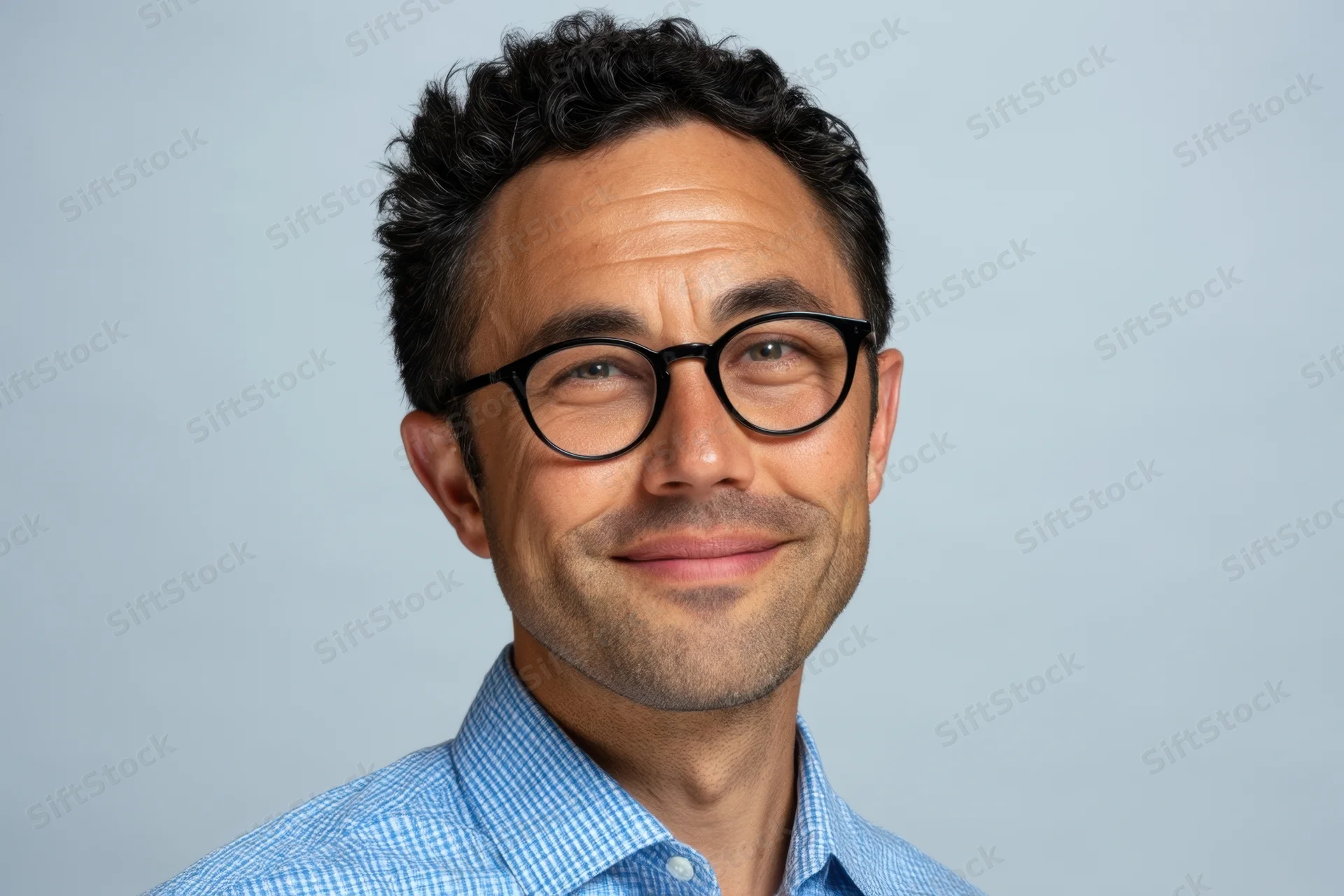 Smiling man with black-rimmed glasses and blue checkered shirt in studio portrait