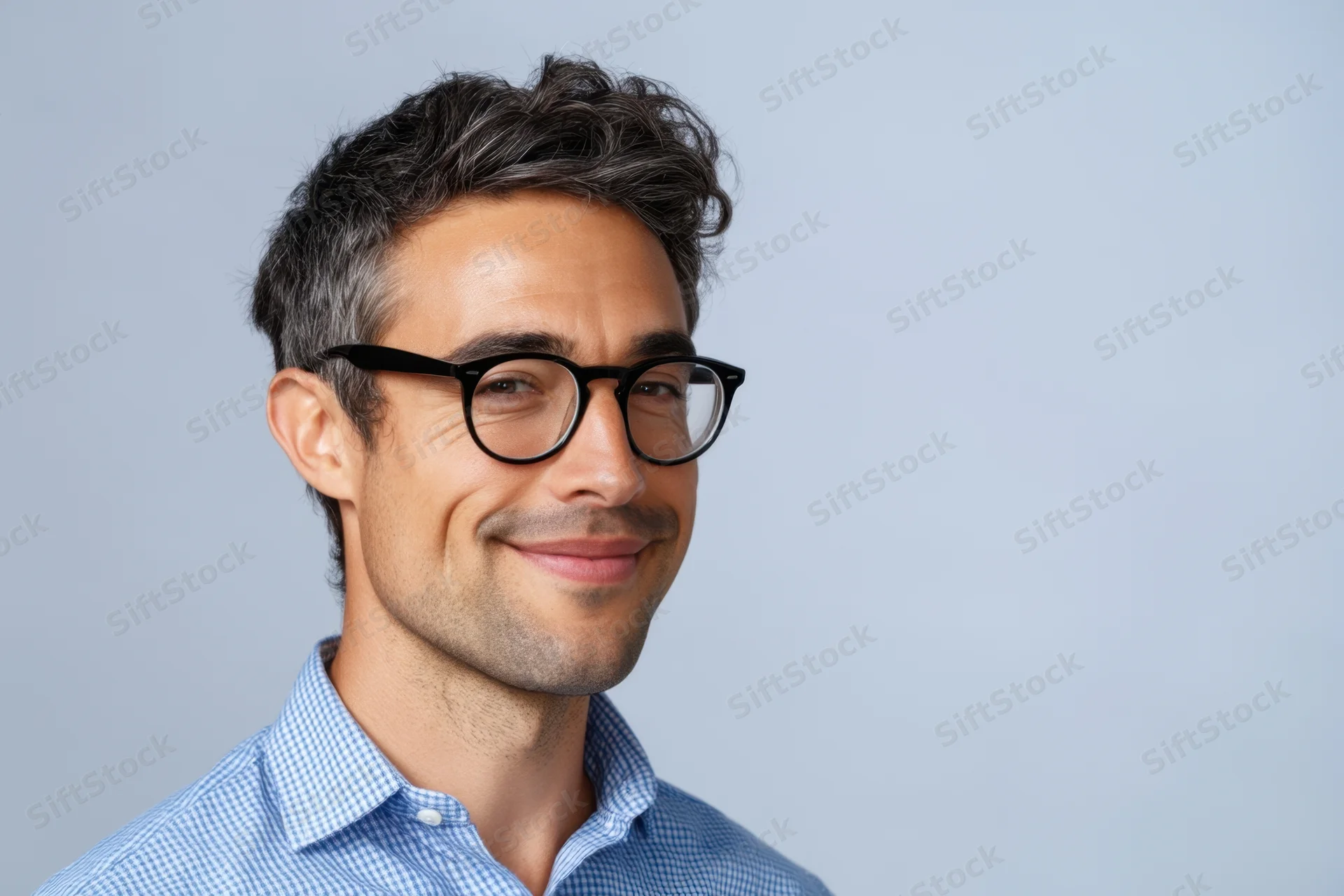 Smiling man with black-rimmed glasses wearing a blue checkered shirt in a studio portrait