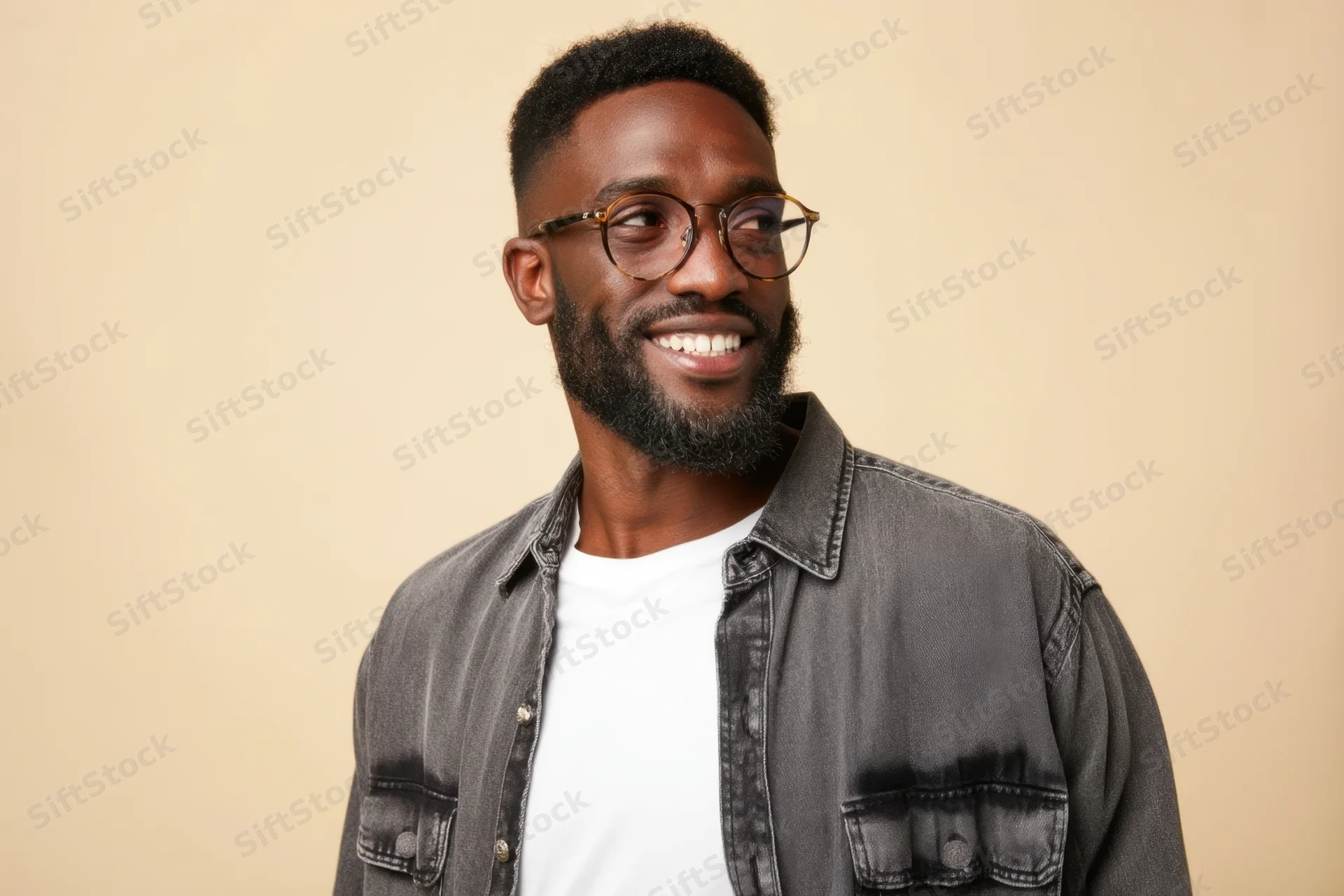 Smiling man with glasses and beard wearing denim jacket over white t-shirt in studio setting