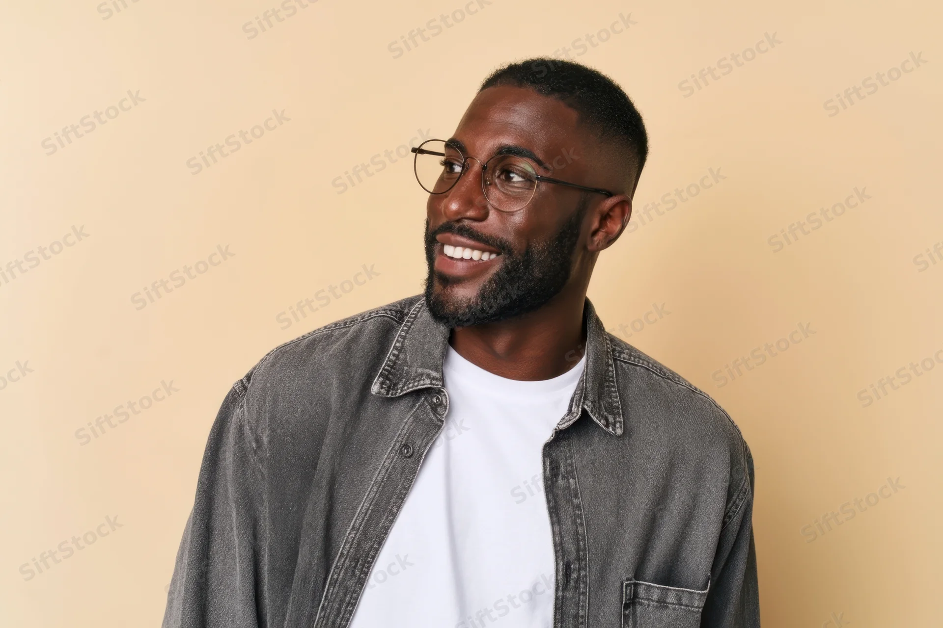 Smiling man with glasses and beard wearing denim shirt over white t-shirt in studio setting