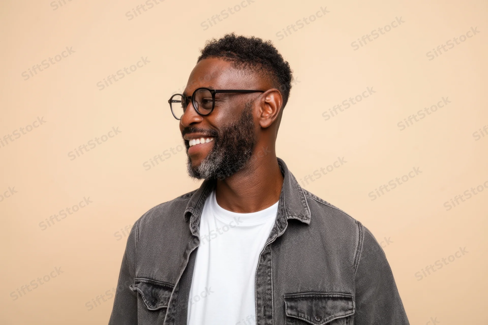 Smiling man with glasses and beard wearing denim jacket over white t-shirt in studio portrait