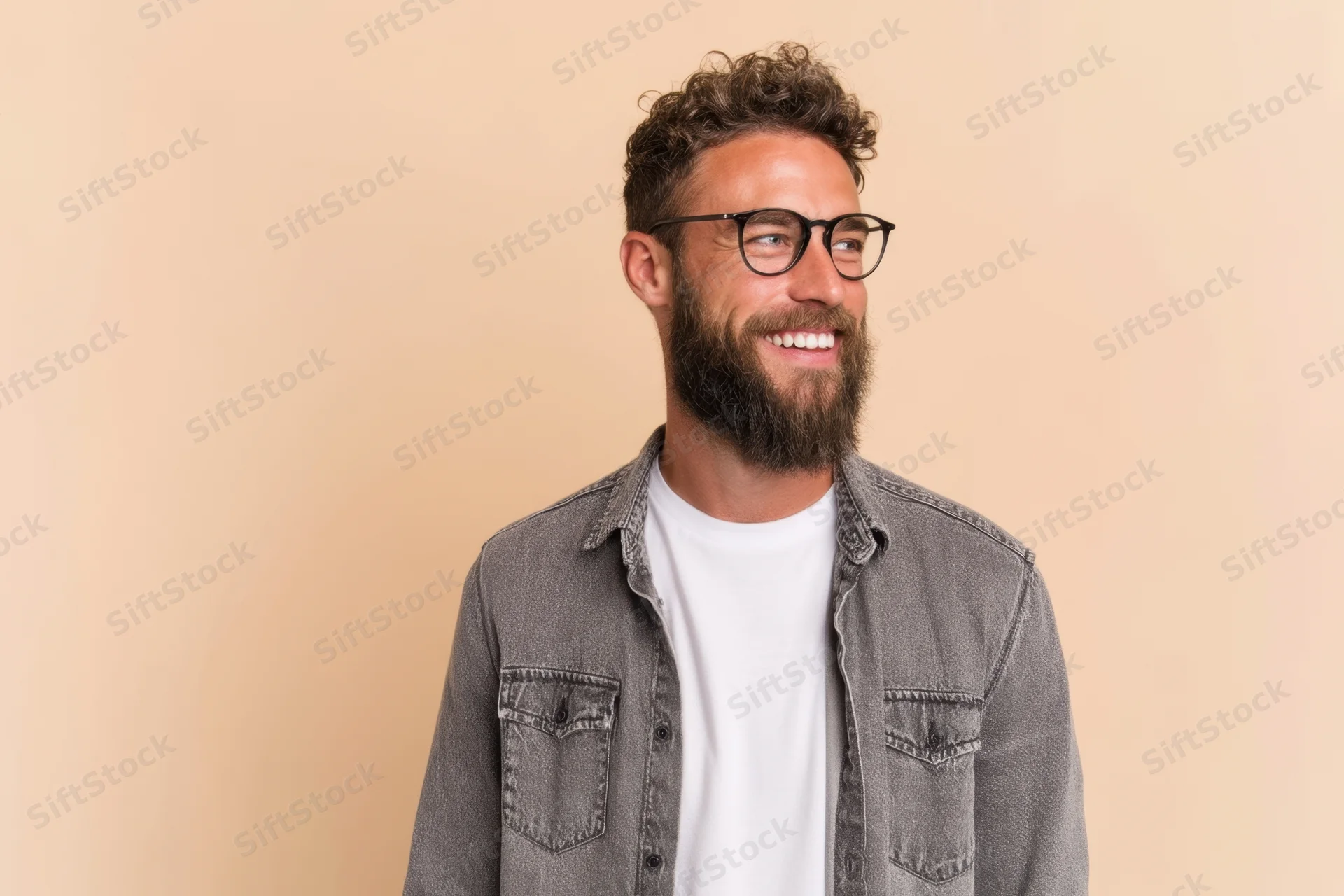 Smiling man with beard and glasses wearing white t-shirt and denim jacket against beige background