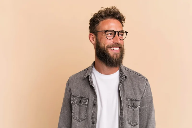 Smiling man with beard and glasses wearing white t-shirt and denim jacket against beige background