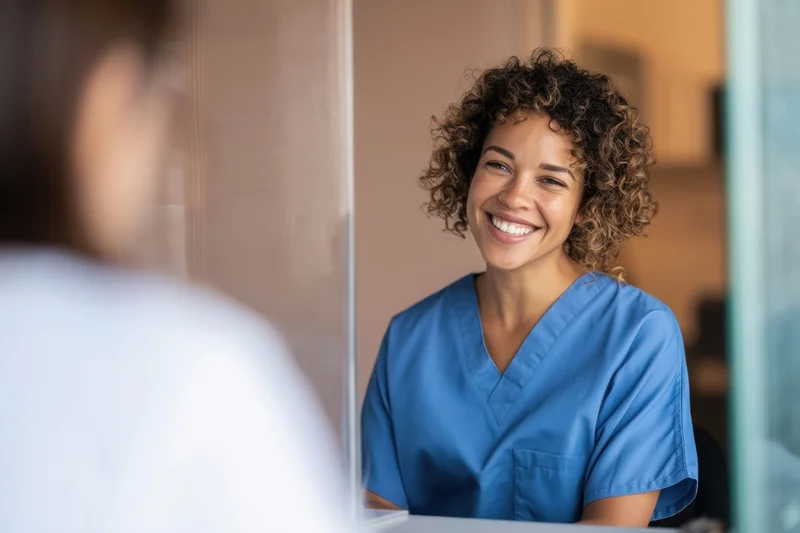 Nurse in blue scrubs smiling during patient consultation in clinic