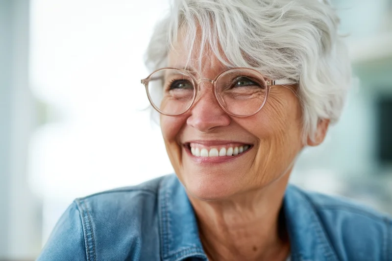 Smiling senior woman with short white hair and round glasses wearing denim jacket indoors